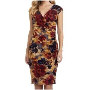 LAUREN RALPH LAUREN Floral Faux Wrap Stretch Jersey Ruched Sheath Dress Sz 2